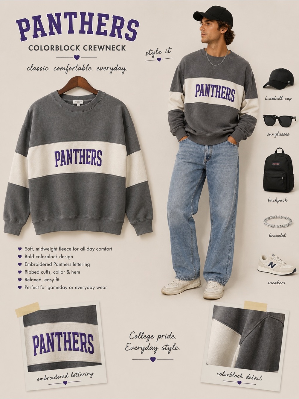 Fan Cloth Men’s Large Panthers Gray Cream Colorblock Crewneck Sweatshirt